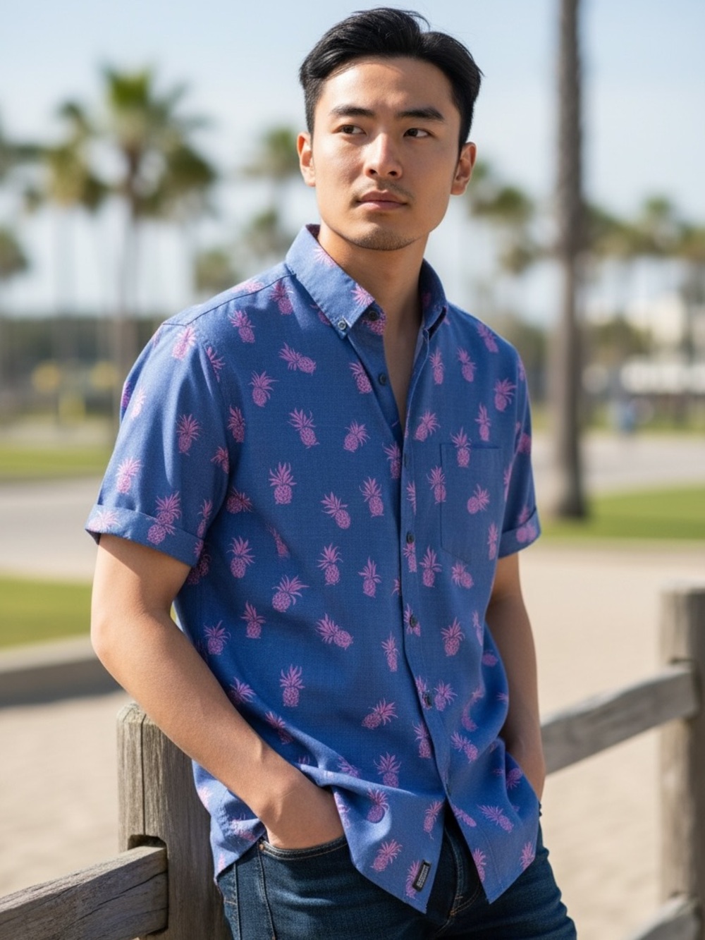 NWT ☀️🍍Men's Blue Short-Sleeve Pineapple Print Button Down Shirt, Size S